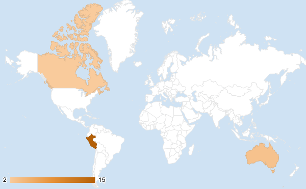 World map with Peru, Canada and Australia shaded, above a color scale from 2 to 15.